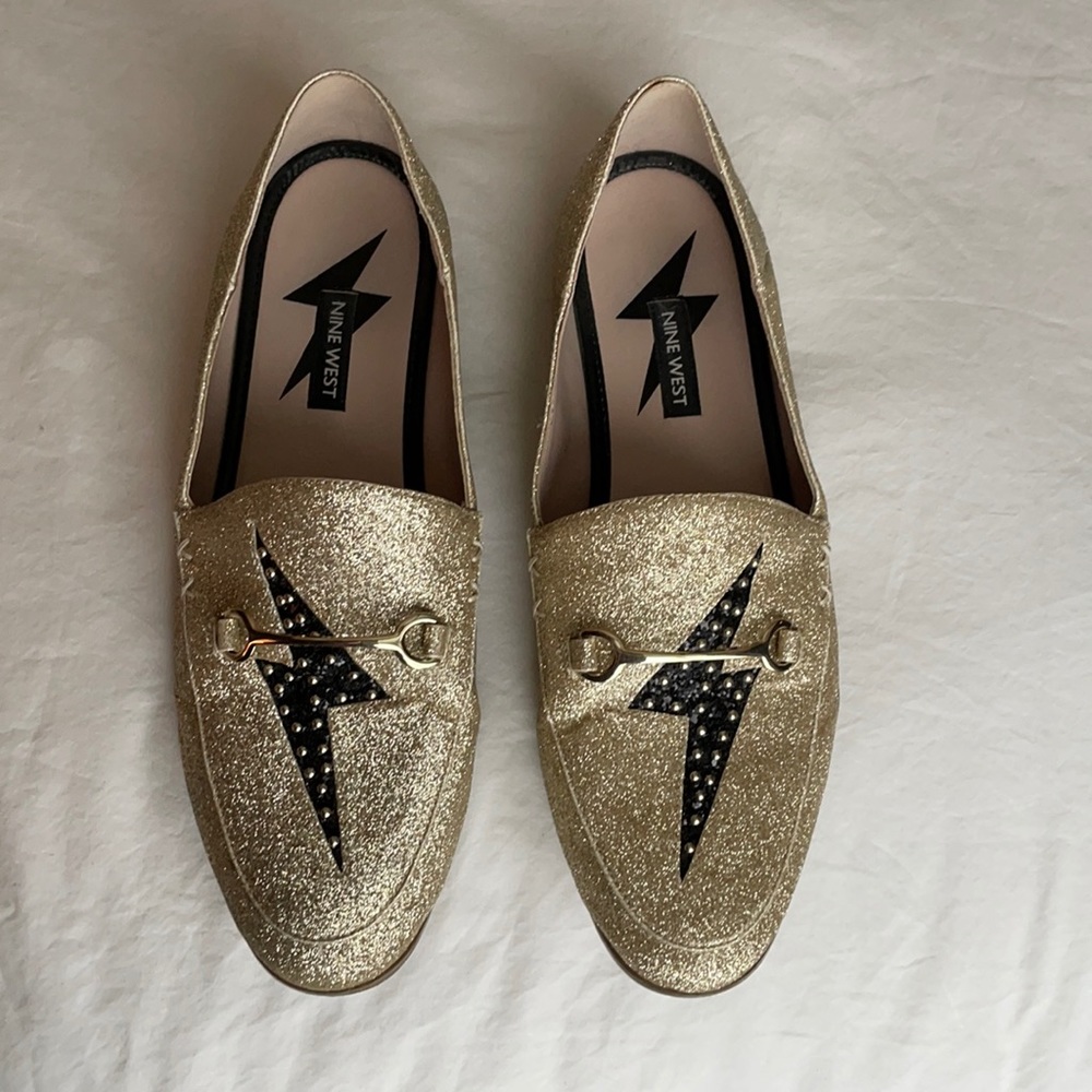 Nine West Gold Glitter Bowie Lighting Bolt Loafers